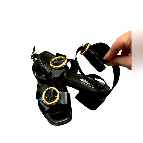 Jeffrey Campbell X Free People Black Gold square heel Sandals wrap around ankle - Picture 3 of 8